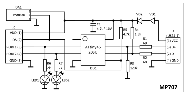 Мастер Кит USB цифровой термостат-термометр MP707 Электрическая принципиальная схема USB цифровой термостат-термометр MP707