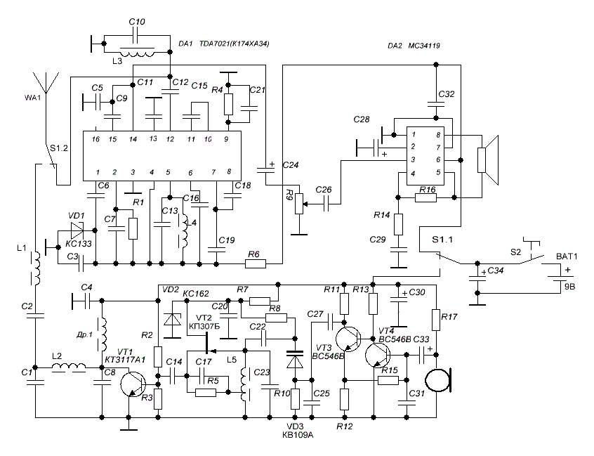 Схема принципиальная - NM0701 - Набор для сборки портативной радиостанции 27МГц  FM