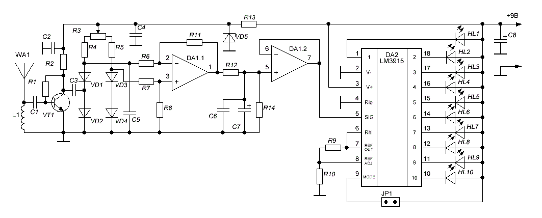 Принципиальная схема - NM0402 - Индикатор электромагнитного излучения